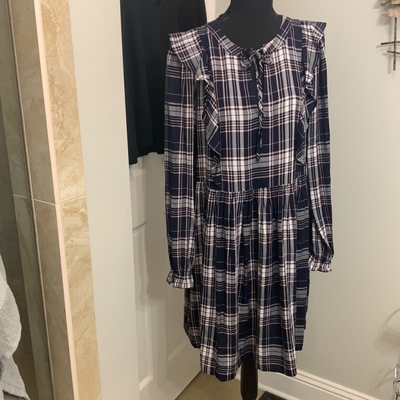 Loft dress ST navy with pink plaid 100% rayon - Picture 1 of 9